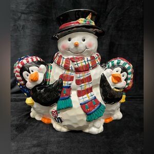 Snowman and penguin cookie jar